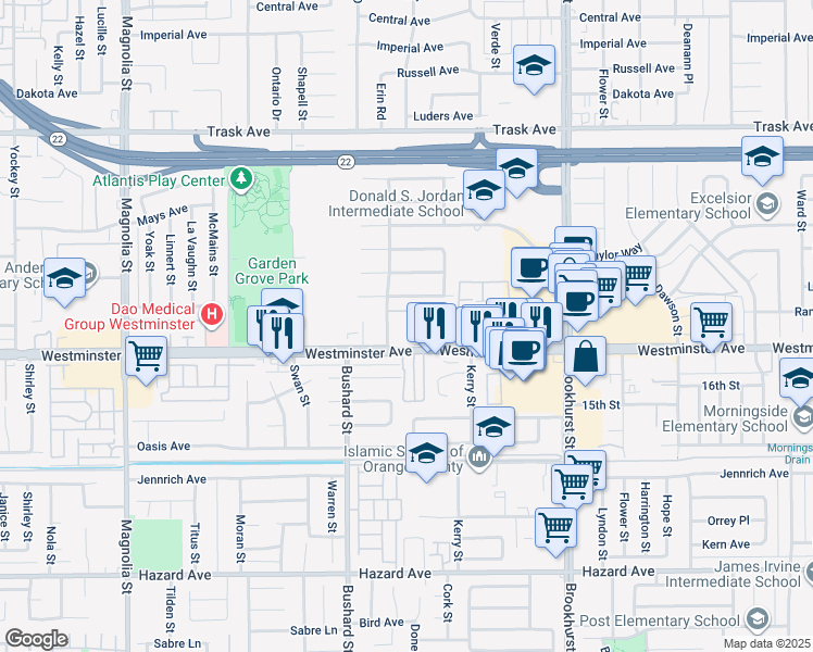 map of restaurants, bars, coffee shops, grocery stores, and more near 13902 Erin Street in Garden Grove