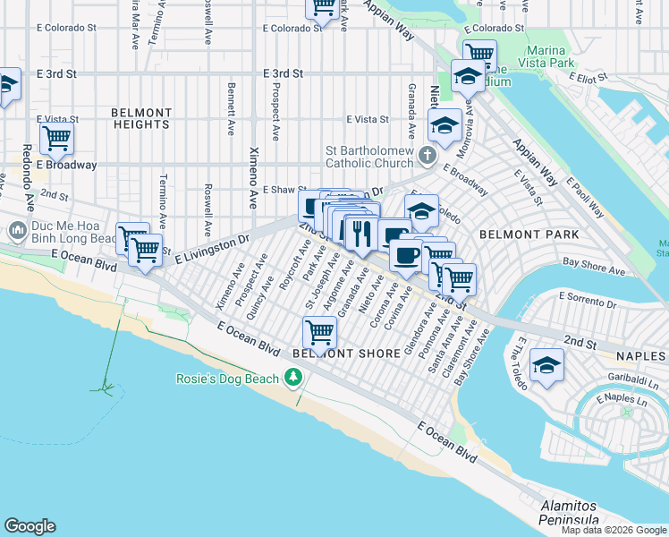 map of restaurants, bars, coffee shops, grocery stores, and more near 5016 2nd Street in Long Beach