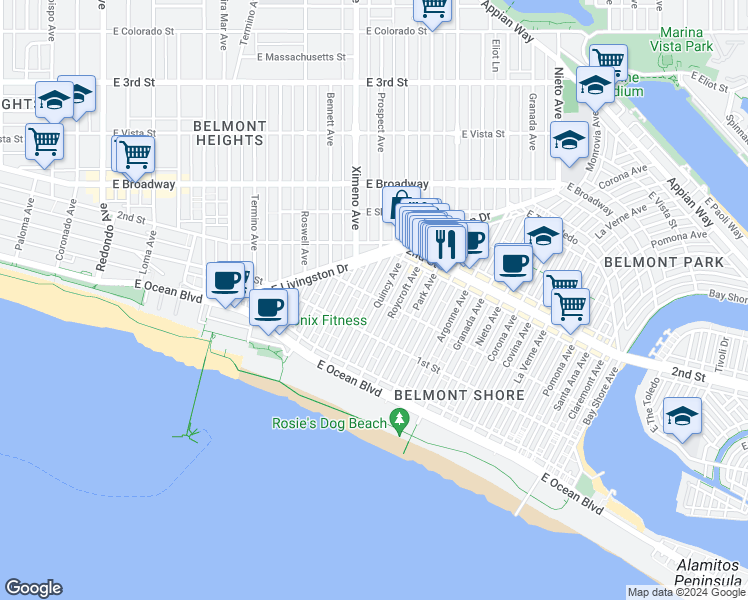 map of restaurants, bars, coffee shops, grocery stores, and more near in Long Beach