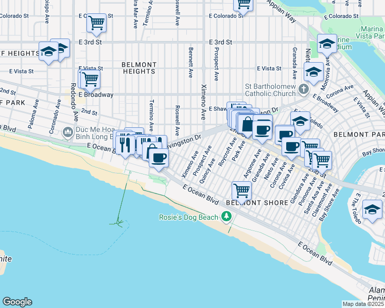 map of restaurants, bars, coffee shops, grocery stores, and more near 113A Bennett Avenue in Long Beach