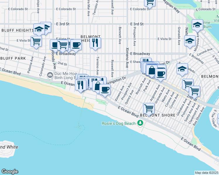 map of restaurants, bars, coffee shops, grocery stores, and more near 4120 East 1st Street in Long Beach