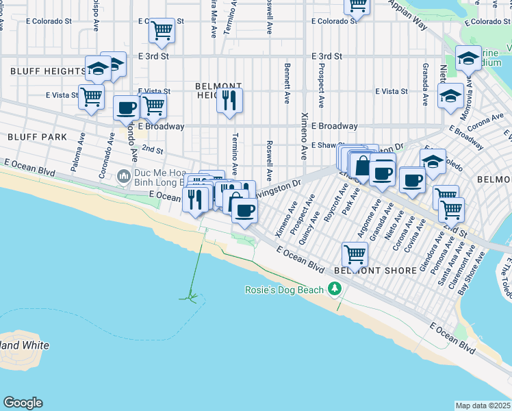 map of restaurants, bars, coffee shops, grocery stores, and more near 130 East 1st Street in Long Beach