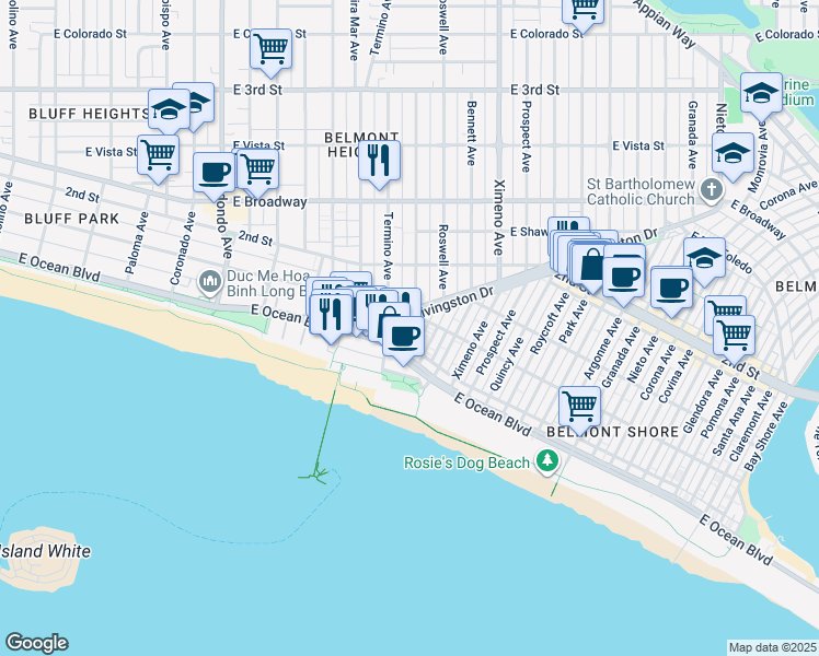 map of restaurants, bars, coffee shops, grocery stores, and more near 130 East 1st Street in Long Beach