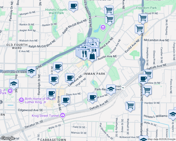 map of restaurants, bars, coffee shops, grocery stores, and more near in Atlanta