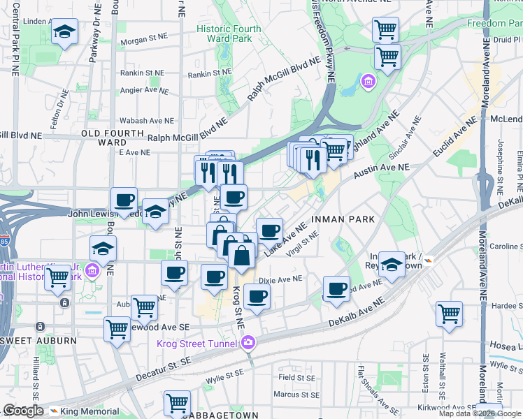 map of restaurants, bars, coffee shops, grocery stores, and more near 232 Montag Circle in Atlanta