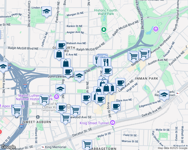 map of restaurants, bars, coffee shops, grocery stores, and more near 223 Randolph Street Northeast in Atlanta