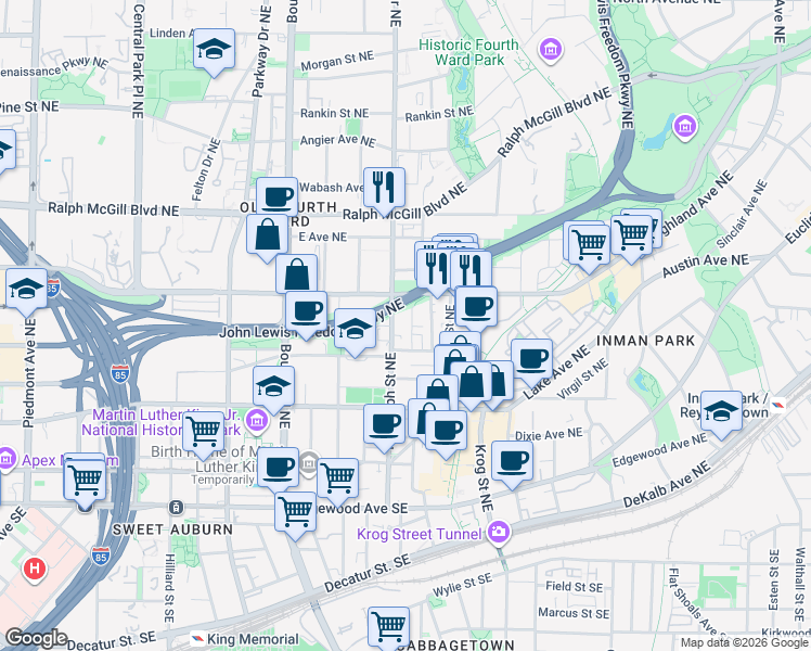 map of restaurants, bars, coffee shops, grocery stores, and more near 223 Randolph Street Northeast in Atlanta