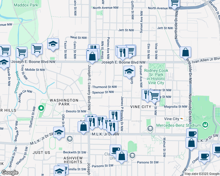 map of restaurants, bars, coffee shops, grocery stores, and more near 824 Thurmond Street Northwest in Atlanta