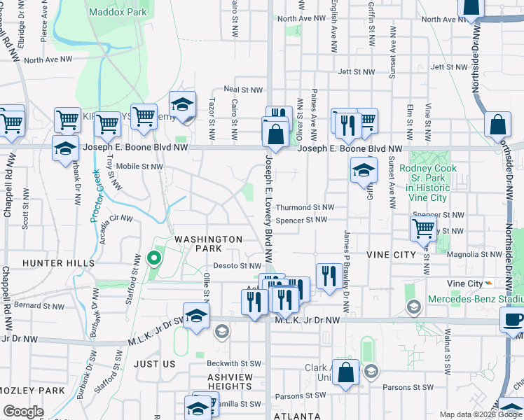 map of restaurants, bars, coffee shops, grocery stores, and more near 995 Mayson Turner Road Northwest in Atlanta