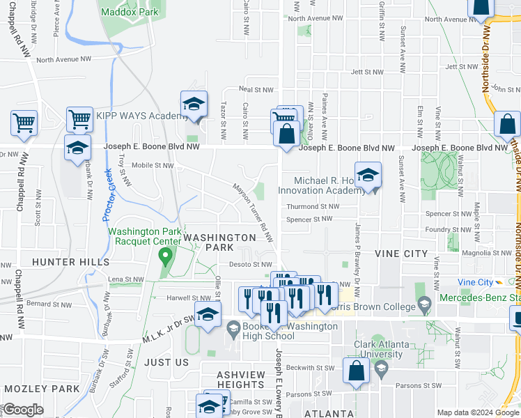 map of restaurants, bars, coffee shops, grocery stores, and more near 995 Mayson Turner Road Northwest in Atlanta