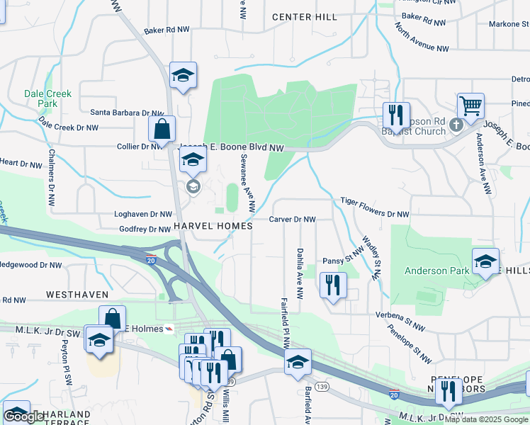 map of restaurants, bars, coffee shops, grocery stores, and more near 2343 Carver Drive Northwest in Atlanta
