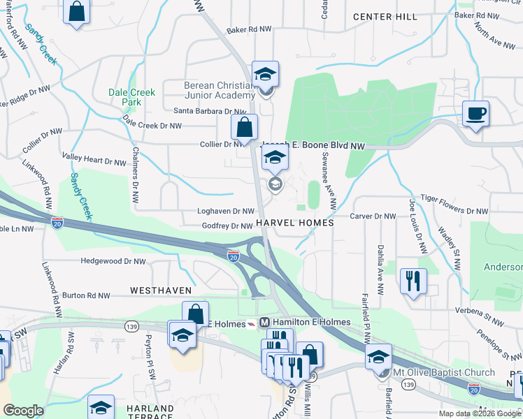 map of restaurants, bars, coffee shops, grocery stores, and more near 255 Hamilton E Holmes Drive Northwest in Atlanta