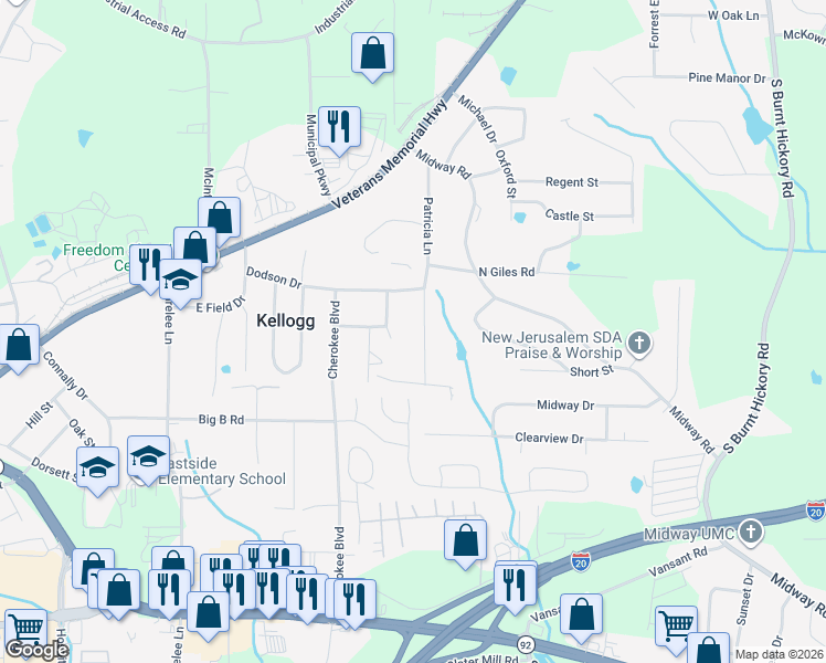 map of restaurants, bars, coffee shops, grocery stores, and more near 1671 Caron Lane in Douglasville