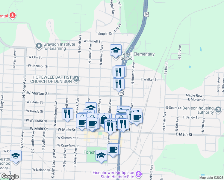 map of restaurants, bars, coffee shops, grocery stores, and more near 515 North Rusk Avenue in Denison