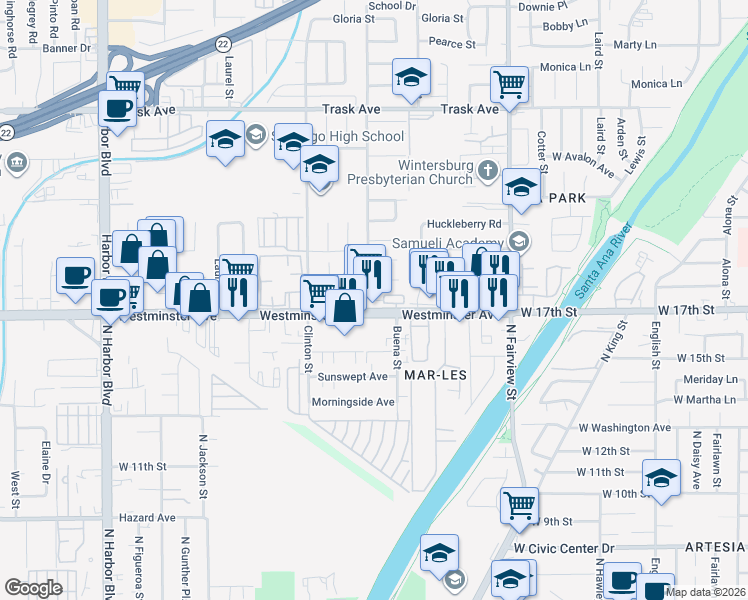 map of restaurants, bars, coffee shops, grocery stores, and more near 12641 Westminster Avenue in Santa Ana