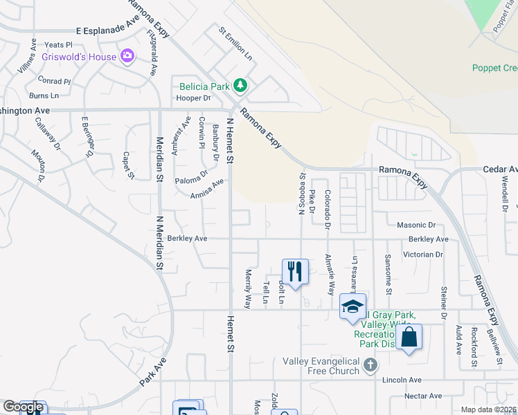 map of restaurants, bars, coffee shops, grocery stores, and more near 777 Smith Road in Hemet