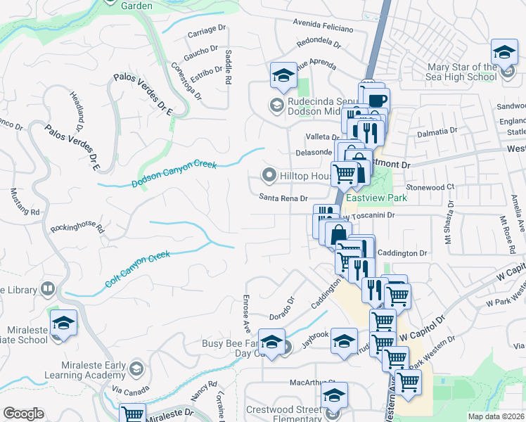 map of restaurants, bars, coffee shops, grocery stores, and more near 2119 West Toscanini Drive in Rancho Palos Verdes