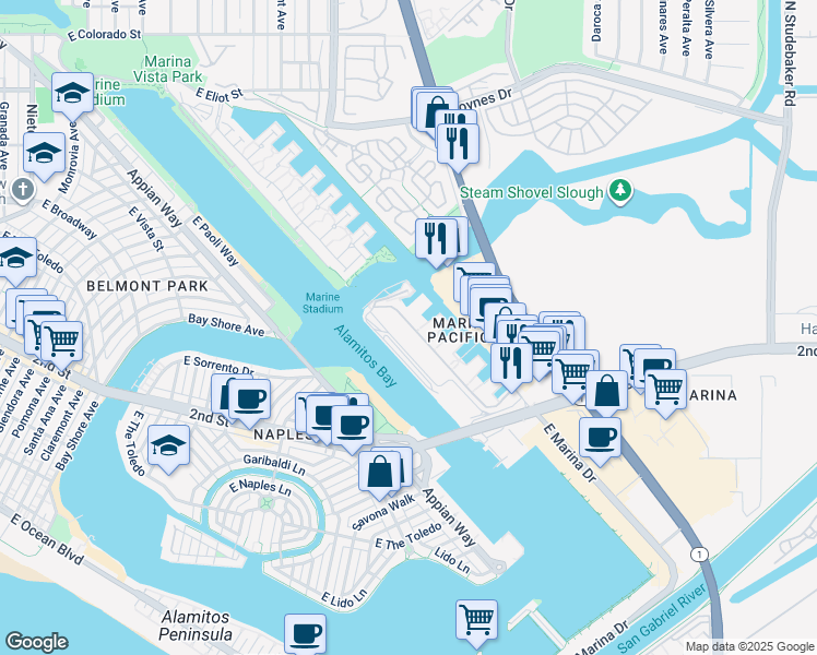 map of restaurants, bars, coffee shops, grocery stores, and more near 6101 Marina Pacifica Drive in Long Beach