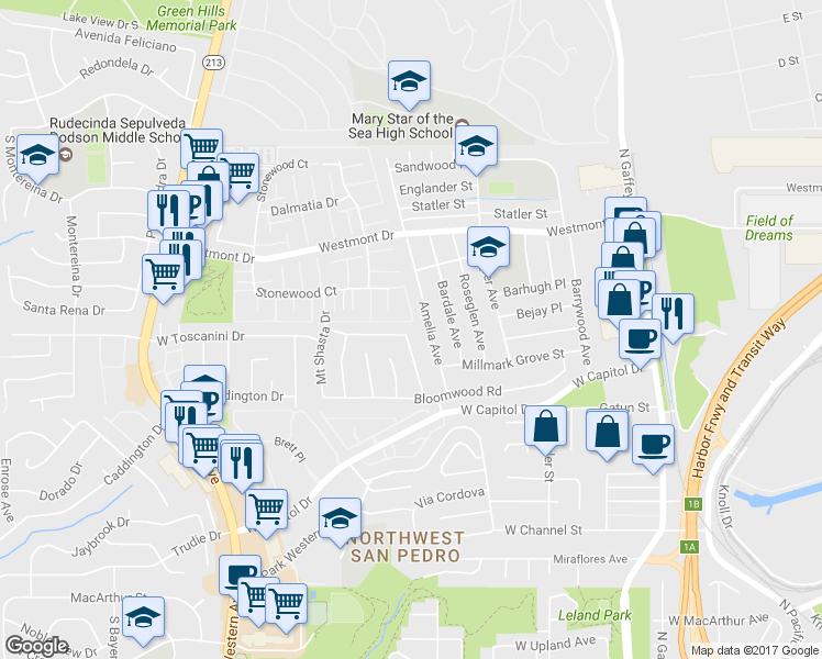 map of restaurants, bars, coffee shops, grocery stores, and more near 1201 Mount Rainier Road in Rancho Palos Verdes