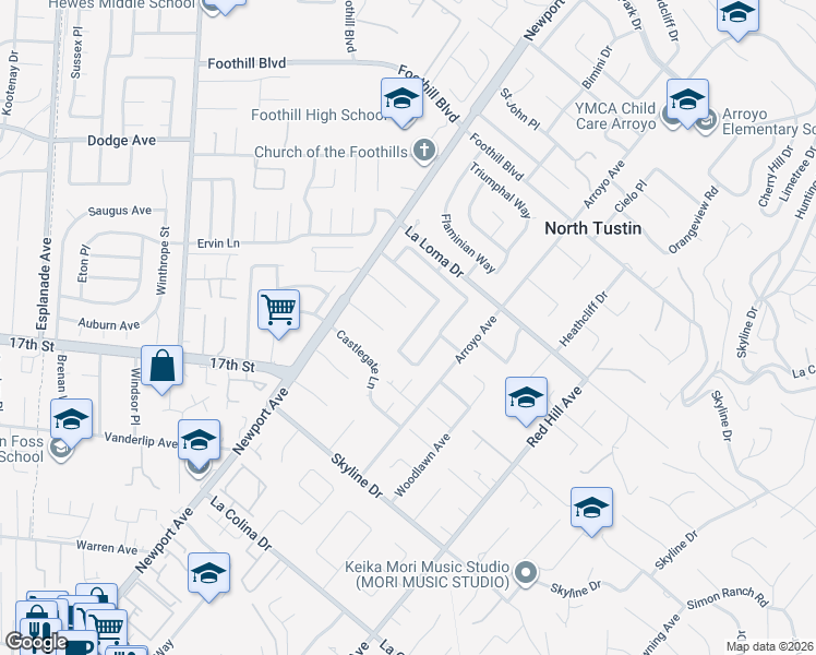 map of restaurants, bars, coffee shops, grocery stores, and more near 11891 Gladstone Drive in Santa Ana