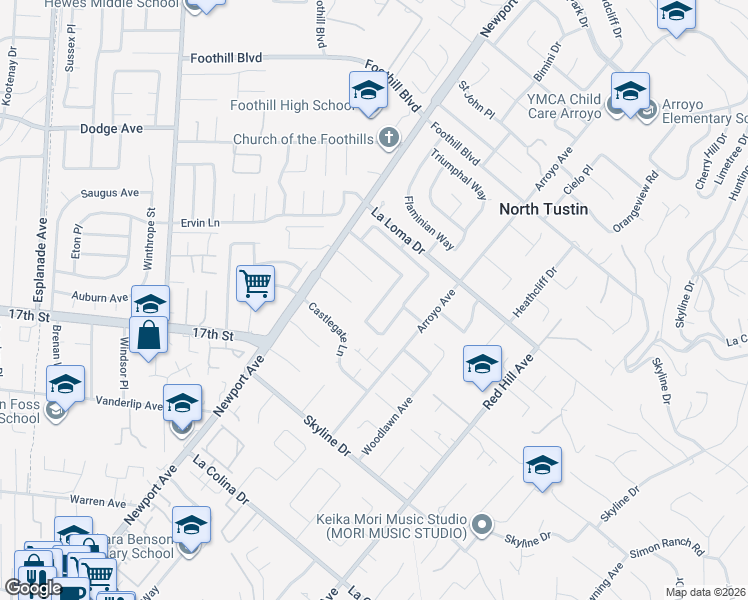 map of restaurants, bars, coffee shops, grocery stores, and more near 11891 Gladstone Drive in Santa Ana
