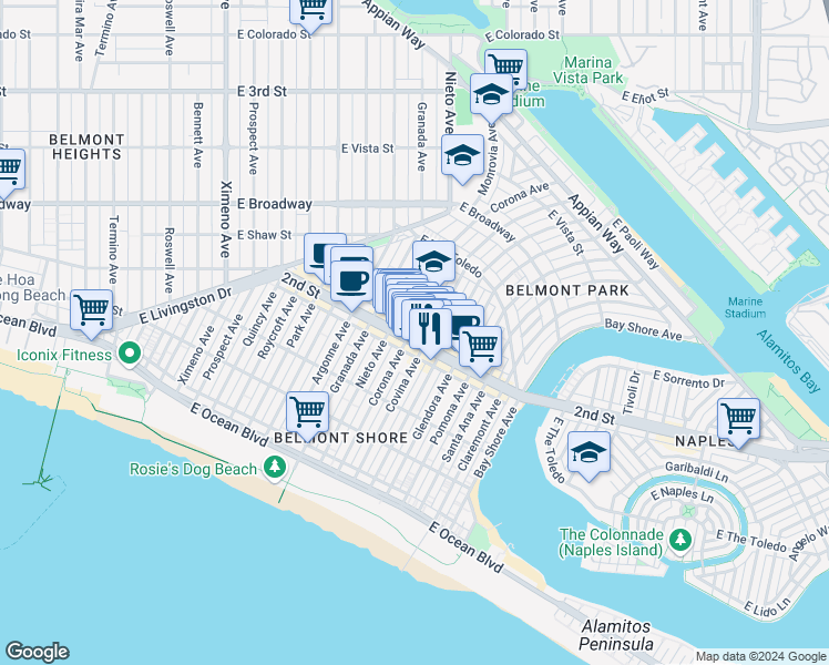 map of restaurants, bars, coffee shops, grocery stores, and more near 204 Corona Avenue in Long Beach