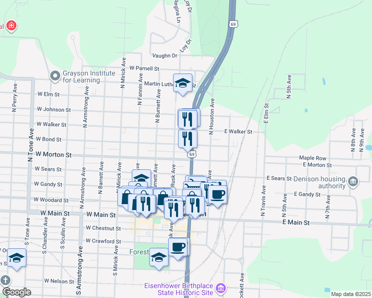 map of restaurants, bars, coffee shops, grocery stores, and more near 210 West Bond Street in Denison
