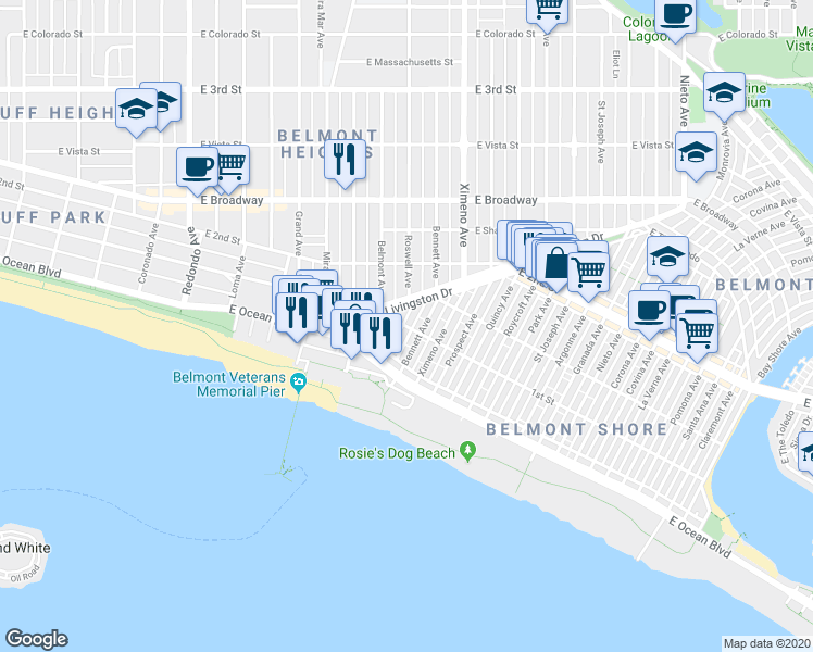map of restaurants, bars, coffee shops, grocery stores, and more near 4219 East 1st Street in Long Beach
