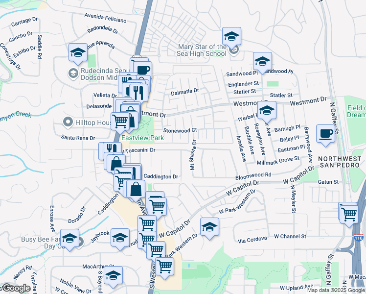map of restaurants, bars, coffee shops, grocery stores, and more near 1423 West Toscanini Drive in Rancho Palos Verdes