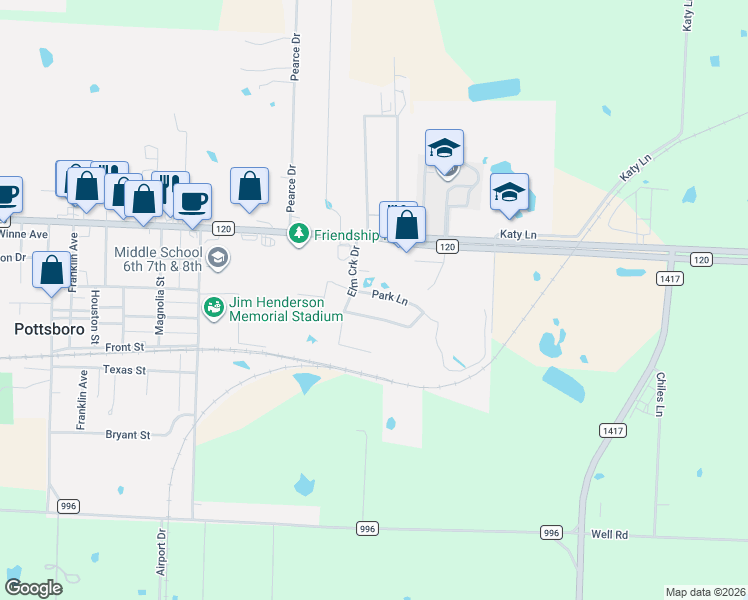 map of restaurants, bars, coffee shops, grocery stores, and more near 105 Park Lane in Pottsboro
