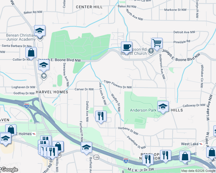 map of restaurants, bars, coffee shops, grocery stores, and more near 318 Wadley Street Northwest in Atlanta