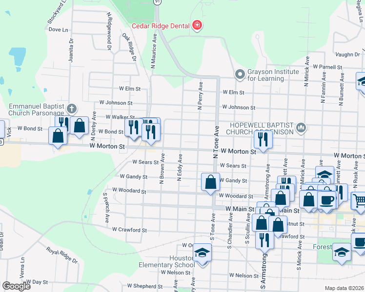 map of restaurants, bars, coffee shops, grocery stores, and more near 1231 West Morton Street in Denison