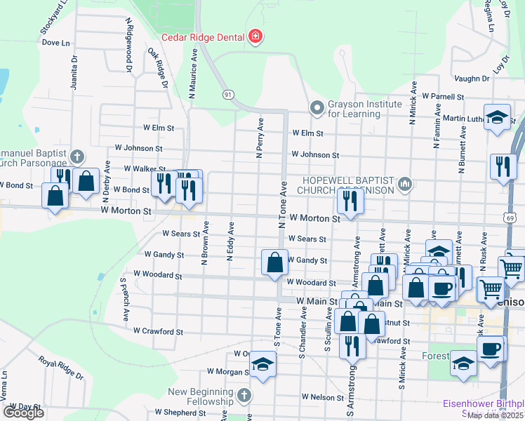 map of restaurants, bars, coffee shops, grocery stores, and more near 1127 West Morton Street in Denison