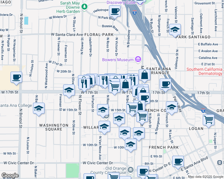 map of restaurants, bars, coffee shops, grocery stores, and more near 355 West 17th Street in Santa Ana