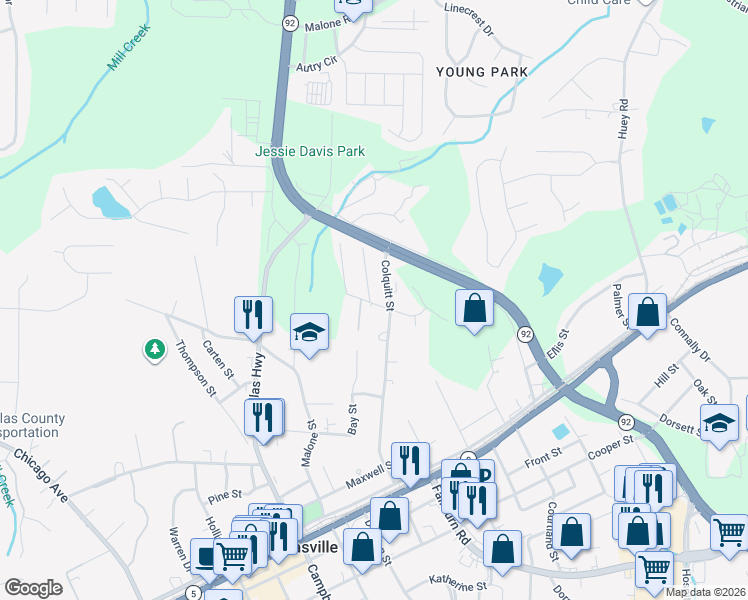 map of restaurants, bars, coffee shops, grocery stores, and more near 6537 Elsie Street in Douglasville