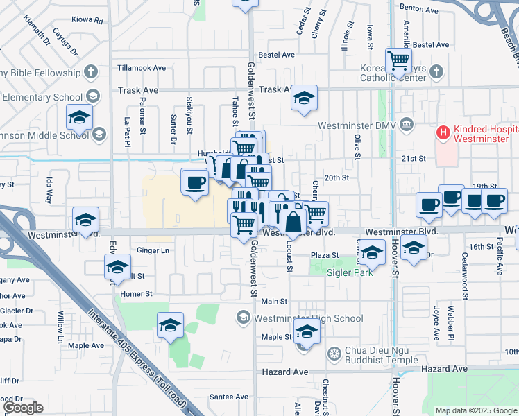 map of restaurants, bars, coffee shops, grocery stores, and more near 13900 Goldenwest Street in Westminster