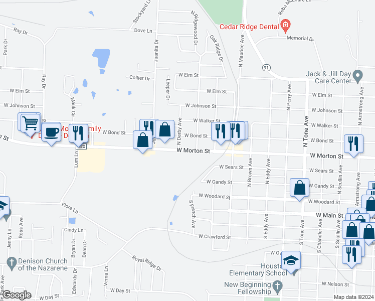 map of restaurants, bars, coffee shops, grocery stores, and more near 1798 West Morton Street in Denison