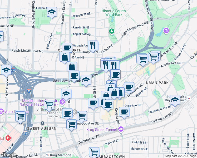 map of restaurants, bars, coffee shops, grocery stores, and more near 223 Randolph Street Northeast in Atlanta