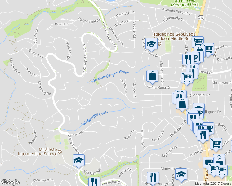 map of restaurants, bars, coffee shops, grocery stores, and more near 88 Rockinghorse Road in Rancho Palos Verdes