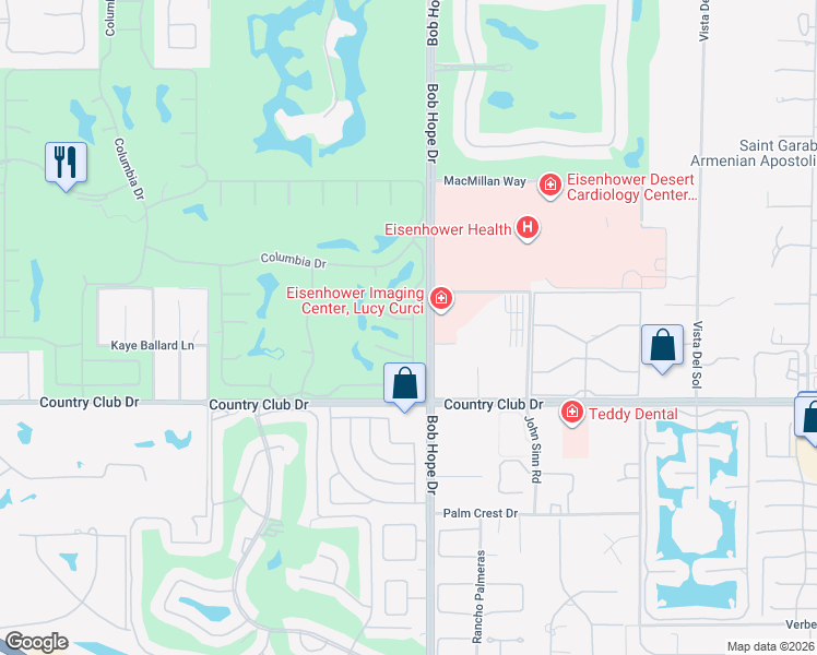 map of restaurants, bars, coffee shops, grocery stores, and more near 18 Lehigh Court in Rancho Mirage