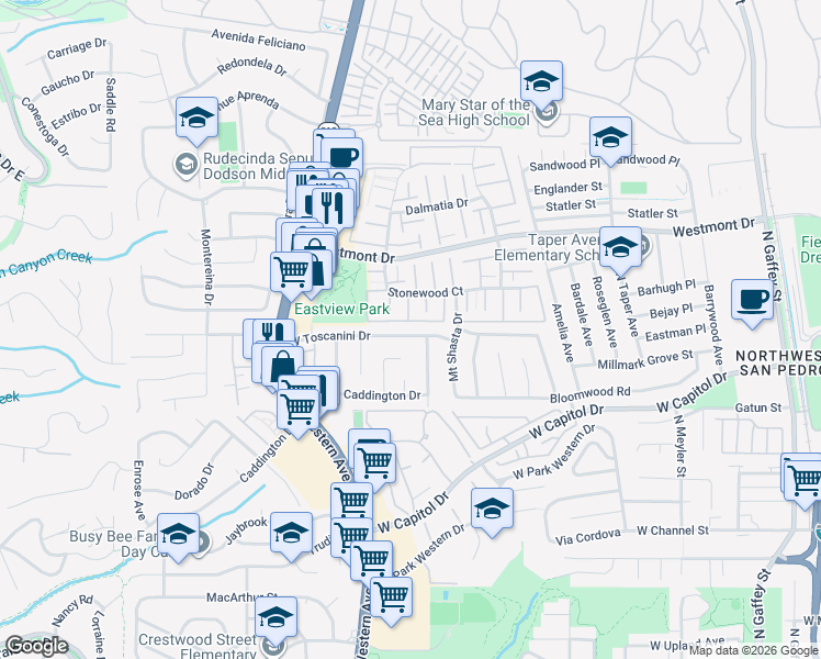 map of restaurants, bars, coffee shops, grocery stores, and more near 1447 West Toscanini Drive in Rancho Palos Verdes