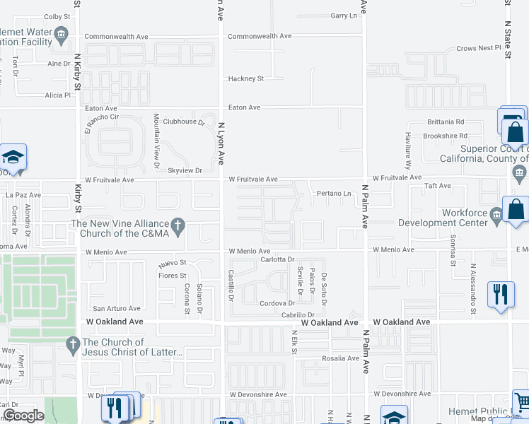 map of restaurants, bars, coffee shops, grocery stores, and more near 1300 West Menlo Avenue in Hemet
