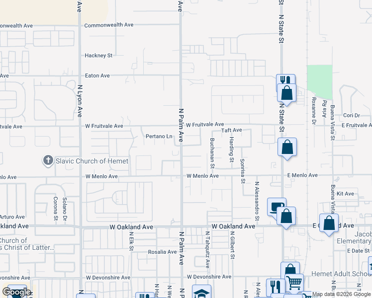 map of restaurants, bars, coffee shops, grocery stores, and more near 881 Don Drive in Hemet