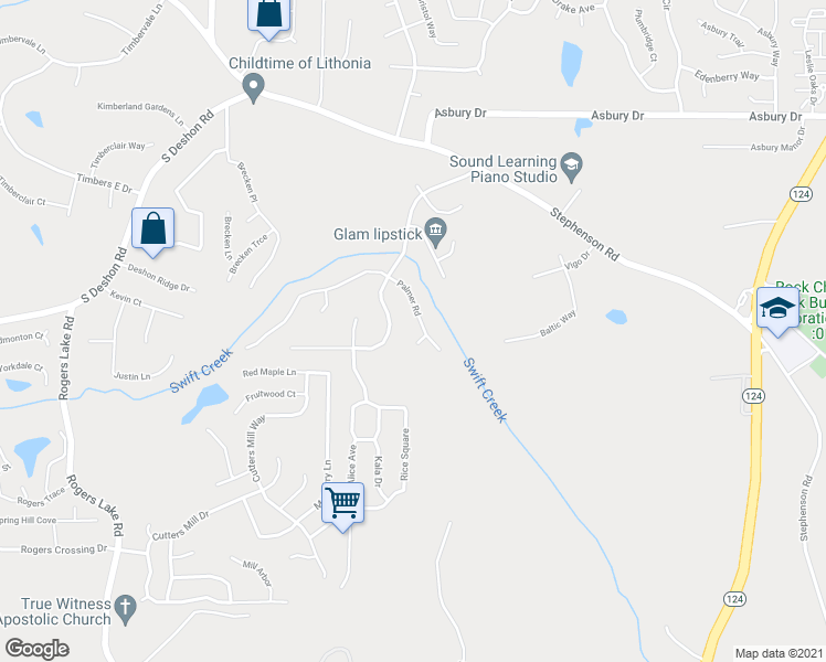 map of restaurants, bars, coffee shops, grocery stores, and more near 1121 Palmer Road in Lithonia
