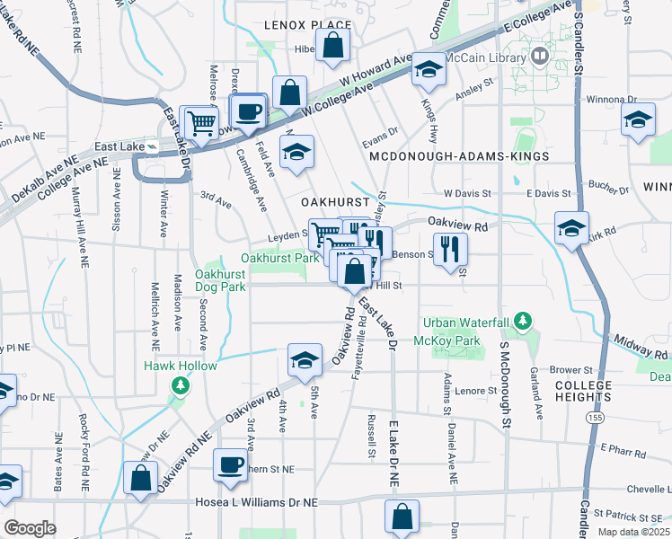 map of restaurants, bars, coffee shops, grocery stores, and more near 630 East Lake Drive in Decatur