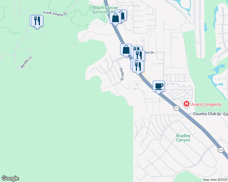 map of restaurants, bars, coffee shops, grocery stores, and more near 7 Nebulae Way in Rancho Mirage