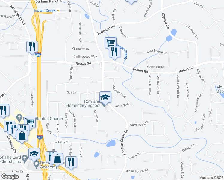 map of restaurants, bars, coffee shops, grocery stores, and more near 1157 Mohican Trail in Stone Mountain