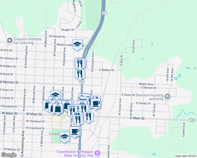 map of restaurants, bars, coffee shops, grocery stores, and more near 122 East Bond Street in Denison