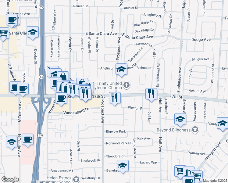 map of restaurants, bars, coffee shops, grocery stores, and more near 17851 17th St in Tustin
