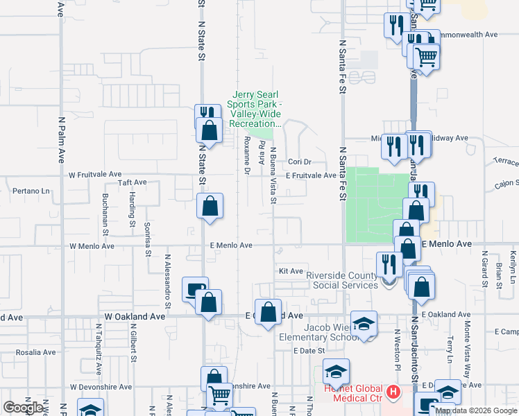 map of restaurants, bars, coffee shops, grocery stores, and more near 801 Aria Road in Hemet